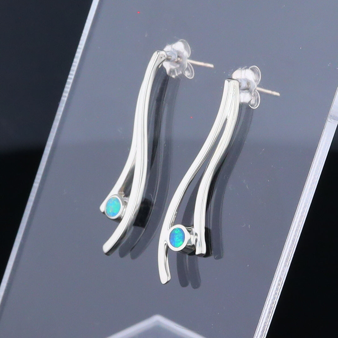 Opal Earrings Round Inlaid Double Curved Bar Design Studs