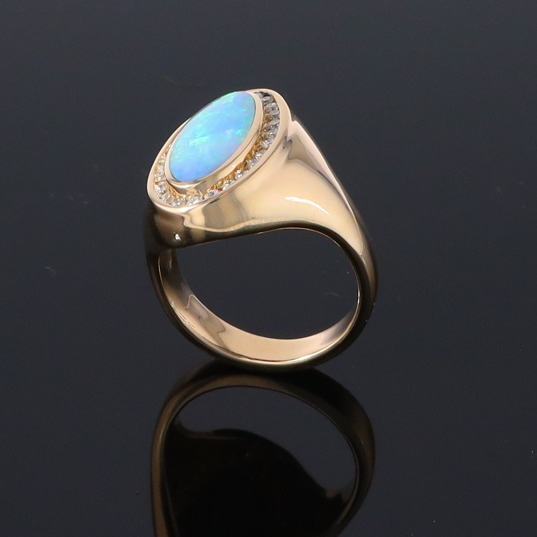 Opal Rings Oval Inlaid Design with .36ctw Round Diamonds Halo