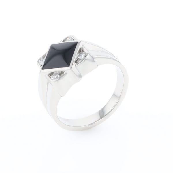 Natural onyx ring diamond shape inlaid design with .16ctw round diamonds