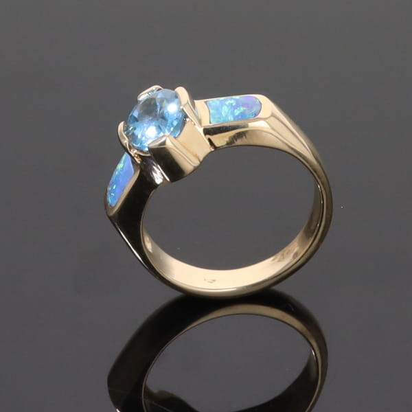 Opal Rings 2 Section Inlaid Design with Oval Swiss Blue Topaz Center