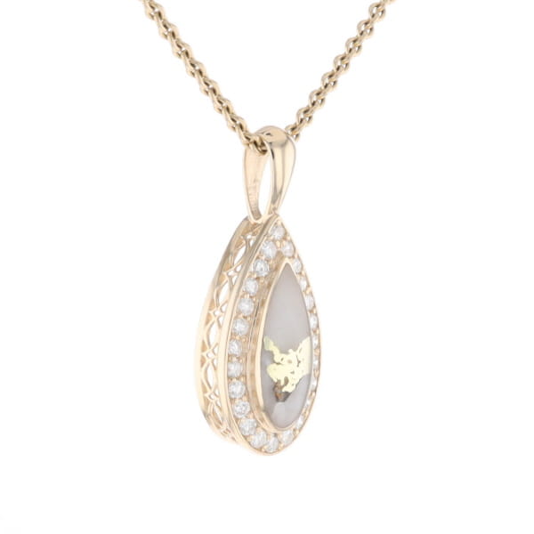 Gold Quartz Pendant Tear Drop Inlaid .42ctw Diamond Halo Design