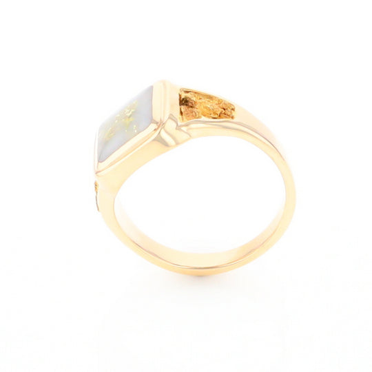 Gold Quartz Ring Square Inlaid Center Design with Natural Nugget Sides