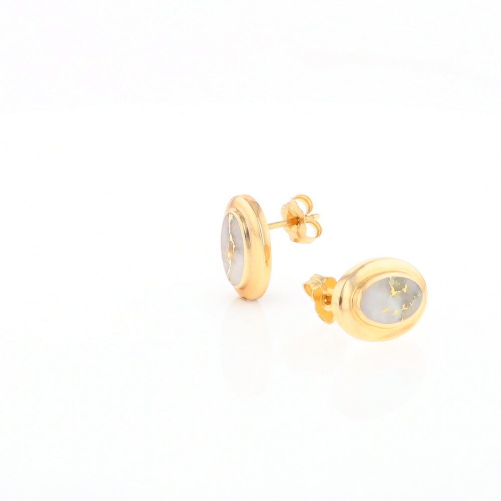 Gold Quartz Earrings Oval Inlaid Design Studs G2