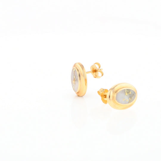 Gold Quartz Earrings Oval Inlaid Design Studs G2