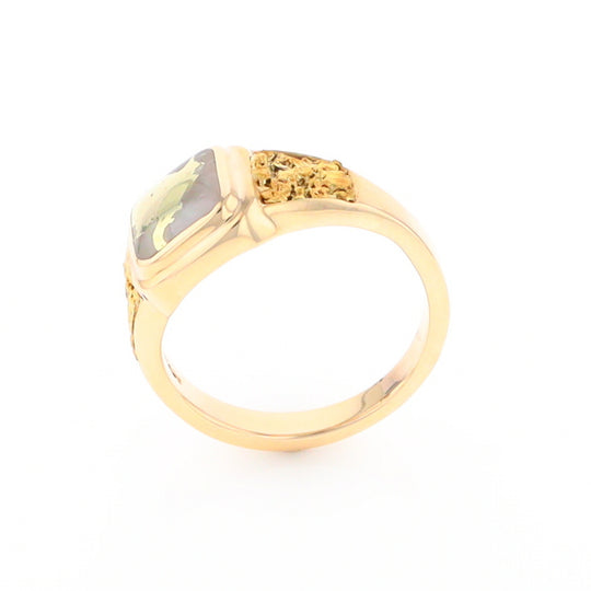 Gold Quartz Ring Square Inlaid Design Double Natural Nugget Sides