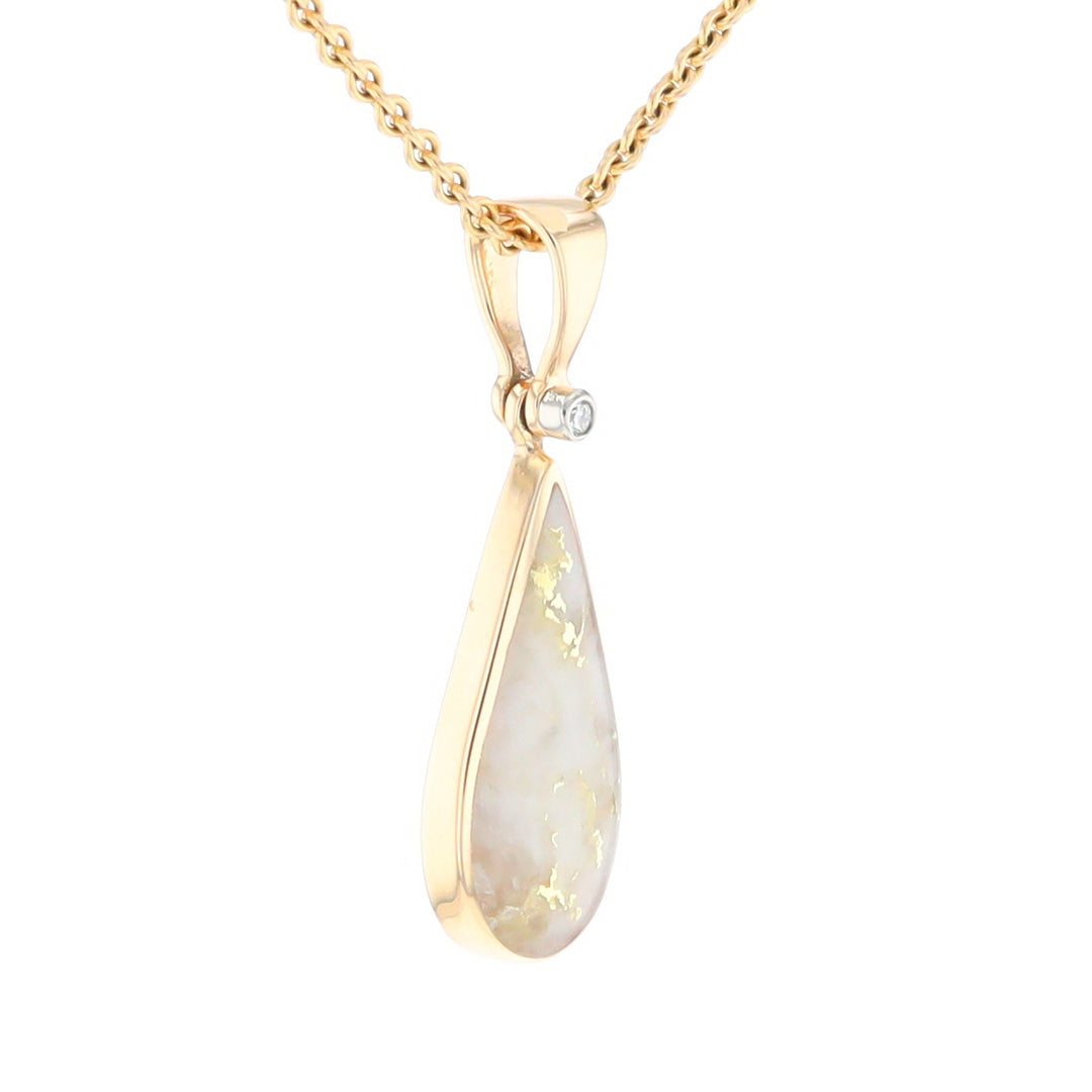 Gold Quartz Necklace Tear Drop Inlaid Pendant with .02ct Diamond