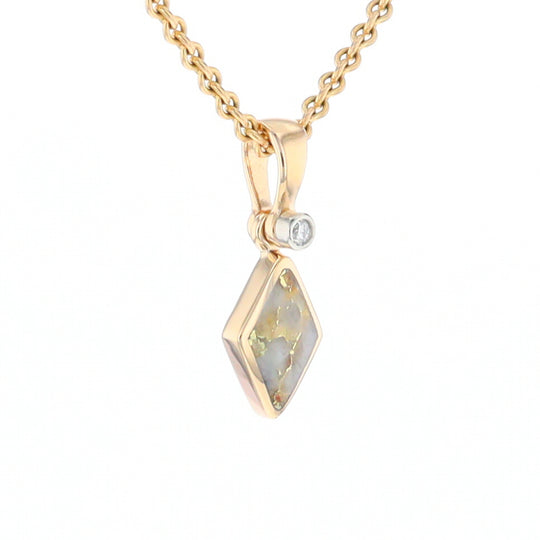 Gold Quartz Necklace Diamond Shape Inlaid Pendant with .02ct Diamond