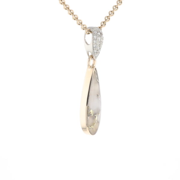 Gold Quartz Necklace Tear Drop Inlaid Pendant with .11ctw Diamonds