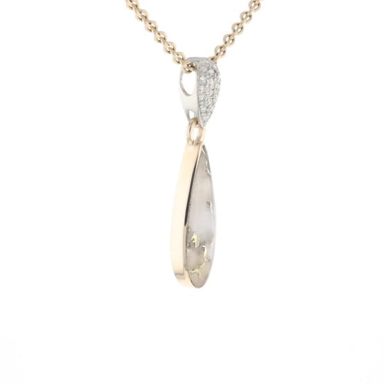 Gold Quartz Necklace Tear Drop Inlaid Pendant with .11ctw Diamonds