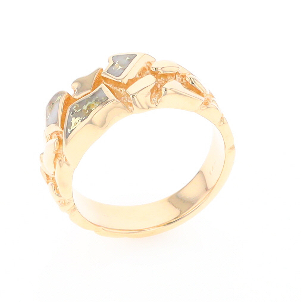 Gold Quartz Ring 3 Section Inlaid Nugget Design Band