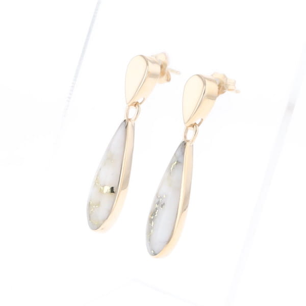 Gold Quartz Earrings Tear Drop Inlaid Design