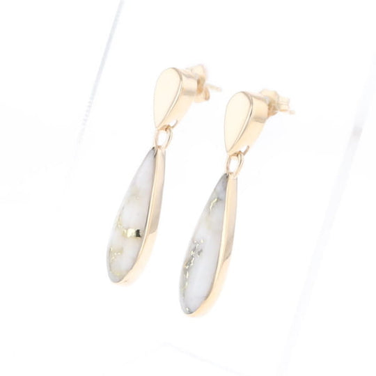 Gold Quartz Earrings Tear Drop Inlaid Design