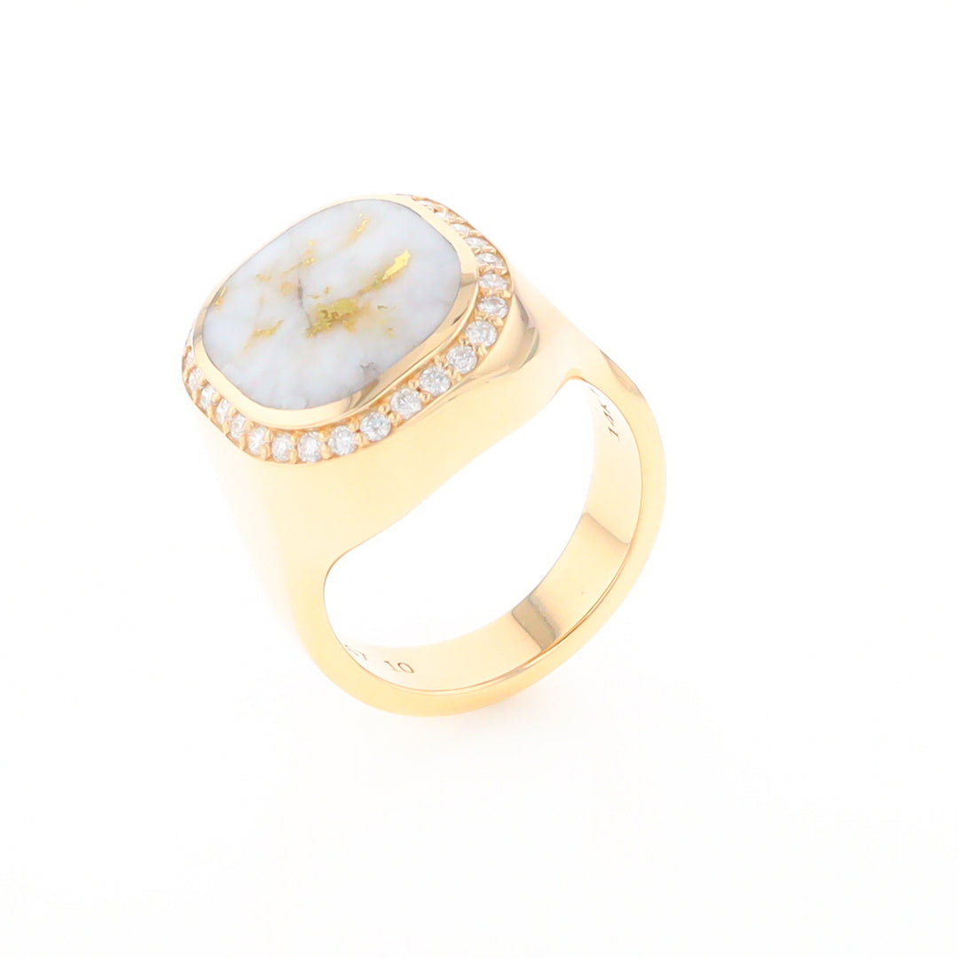 Gold Quartz Cushion Inlaid Men's Ring with Diamond Halo