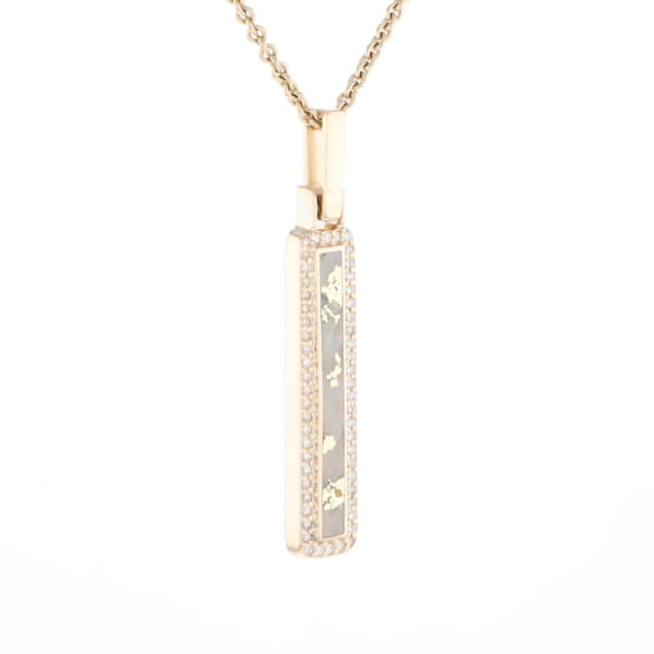 Gold Quartz Necklace, Rectangle Inlaid, .27ctw Diamond Halo Pendant
