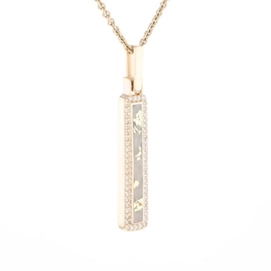 Gold Quartz Necklace, Rectangle Inlaid, .27ctw Diamond Halo Pendant