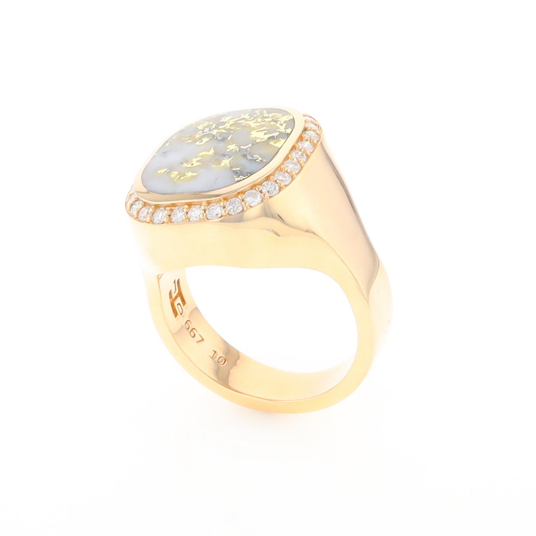 Gold Quartz Cushion Inlaid Men's Ring with Diamond Halo