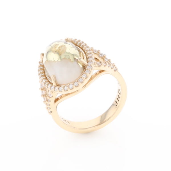 Gold Quartz Ring Oval Cabochon 0.65ctw Round Diamonds Halo