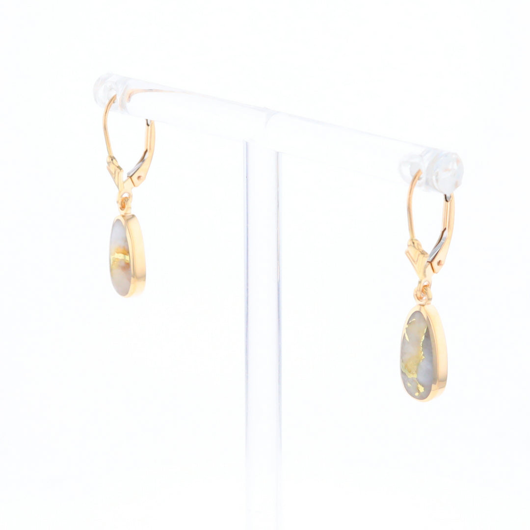 Gold Quartz Earrings Tear Drop Inlaid Lever Backs