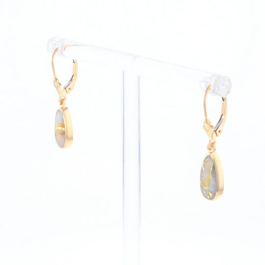 Gold Quartz Earrings Tear Drop Inlaid Lever Backs