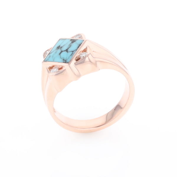 Natural Turquoise ring diamond shape inlaid design with .16ctw round diamonds