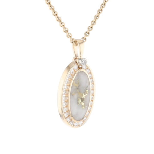 Gold Quartz Necklace .37ctw Halo Diamond Oval Inlaid Pendant