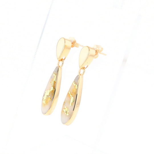 Gold Quartz Earrings Tear Drop Inlaid Design