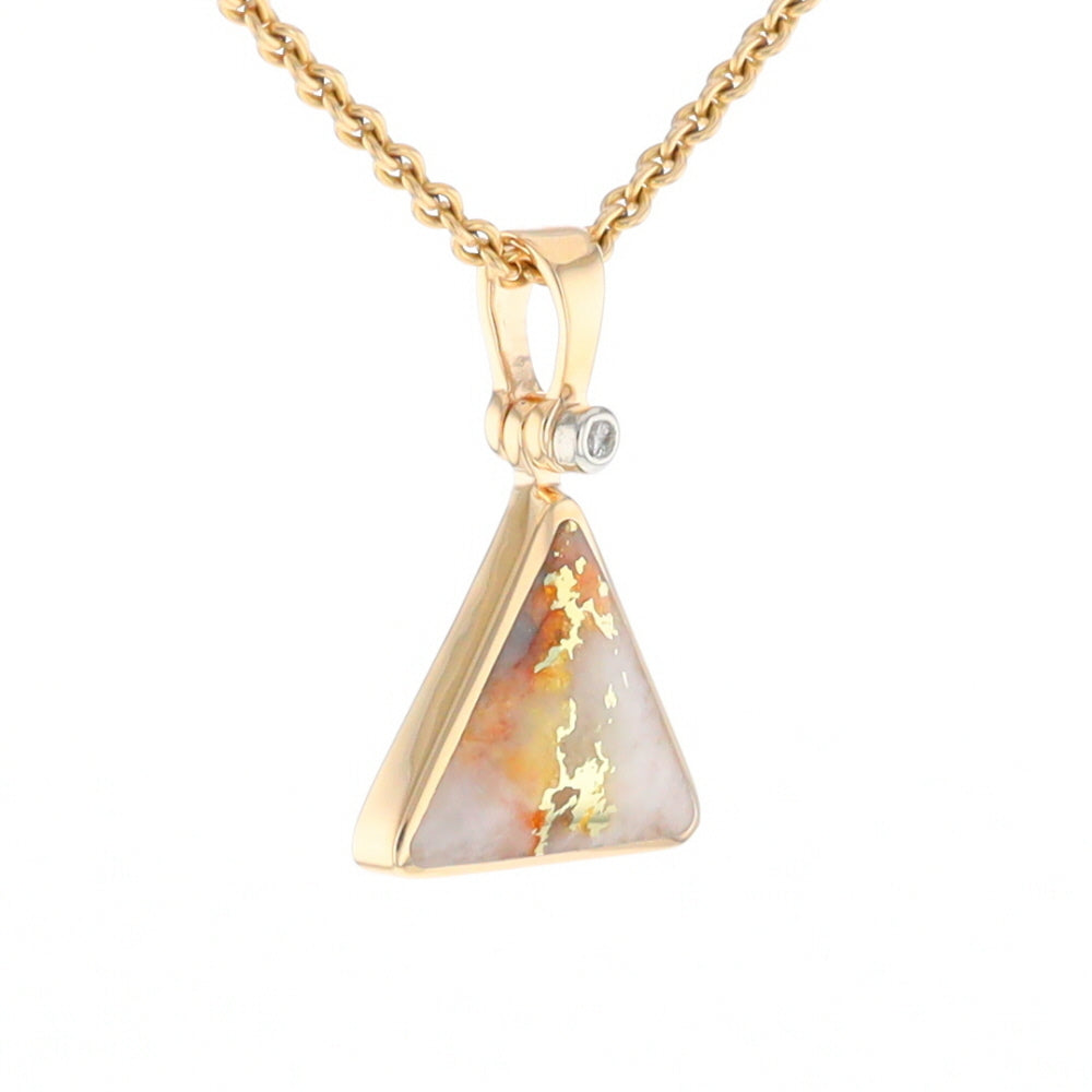 Gold Quartz Necklace Triangle Inlaid Pendant with .02ct Diamond