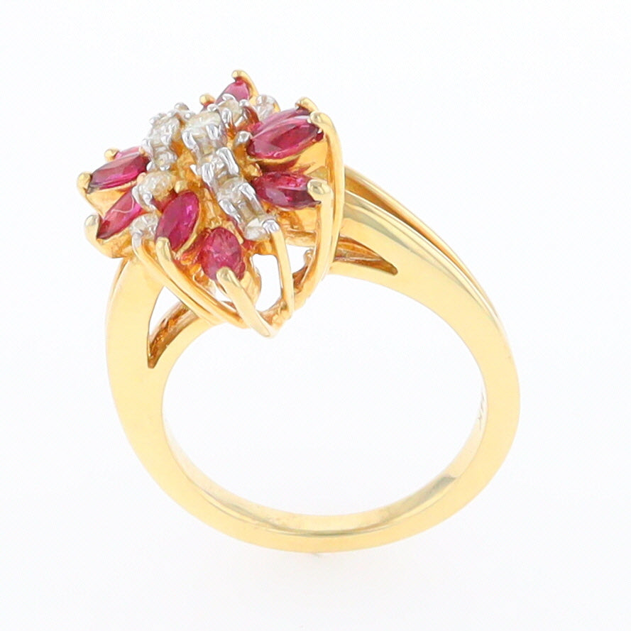 14K Gold Natural Ruby and Diamond Cluster Ring