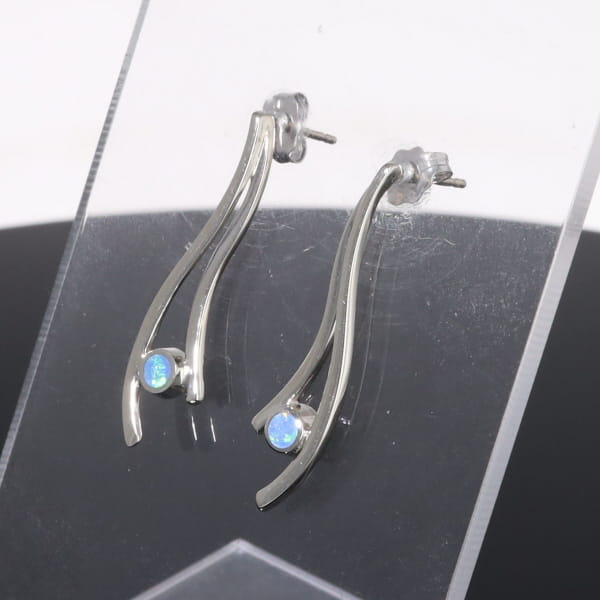 Opal Earrings Round Inlaid Double Curved Bar Design Studs