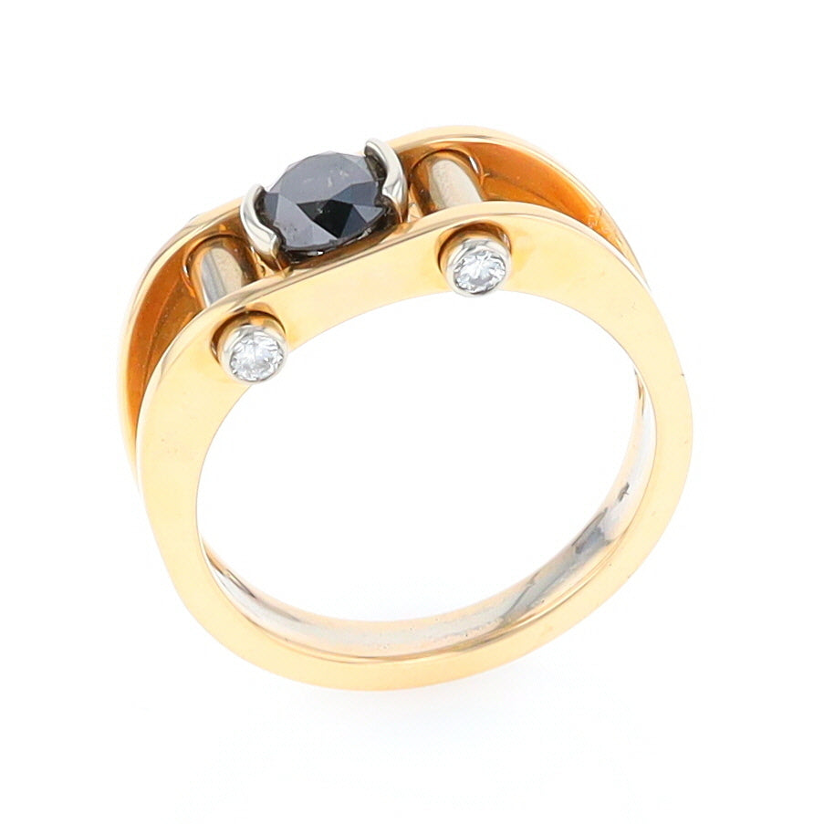 Men's Contemporary White and Yellow Gold Industrial Black Diamond Ring