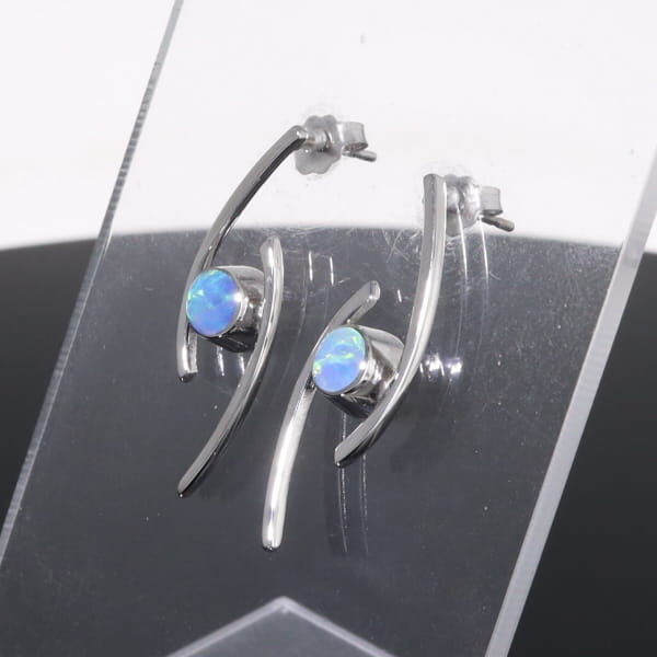 Opal Earrings Round Inlaid Double Curved Bar Design Studs