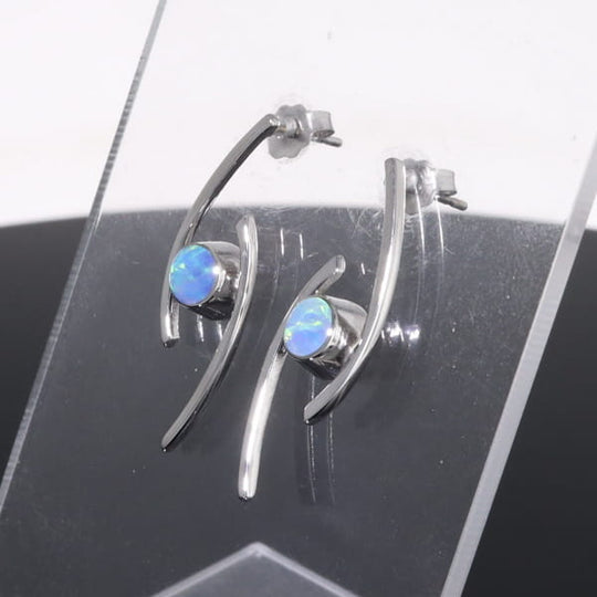 Opal Earrings Round Inlaid Double Curved Bar Design Studs