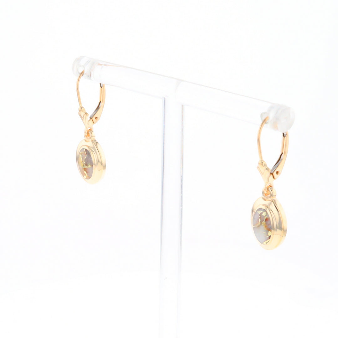 Gold Quartz Earrings Oval Inlaid Design Lever Backs - G2