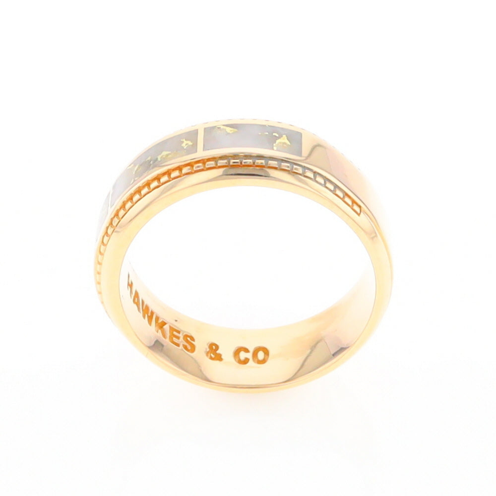 Gold Quartz Ring 3 Section Rectangle Inlaid Milgrain Border Band