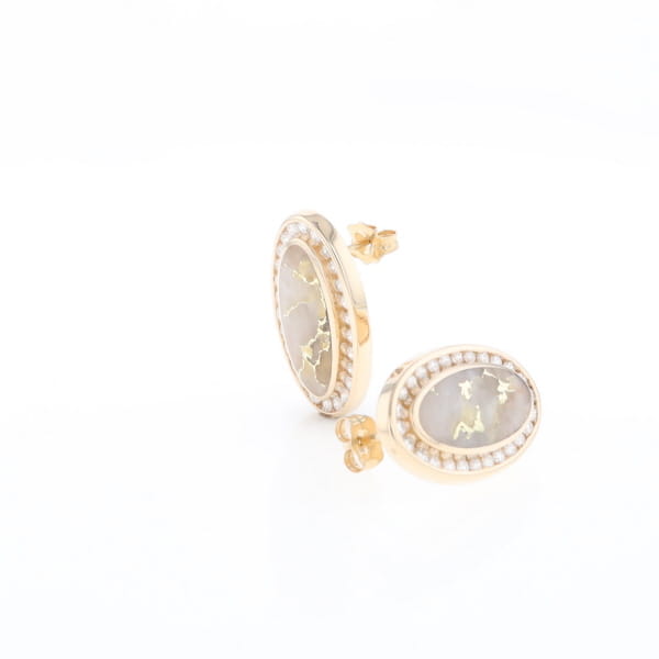 Gold Quartz Earrings Oval Inlaid Design .73ctw Round Diamonds Halo G2