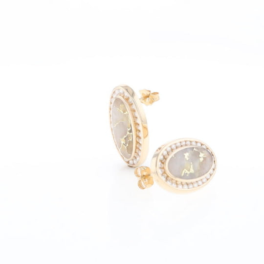 Gold Quartz Earrings Oval Inlaid Design .73ctw Round Diamonds Halo G2
