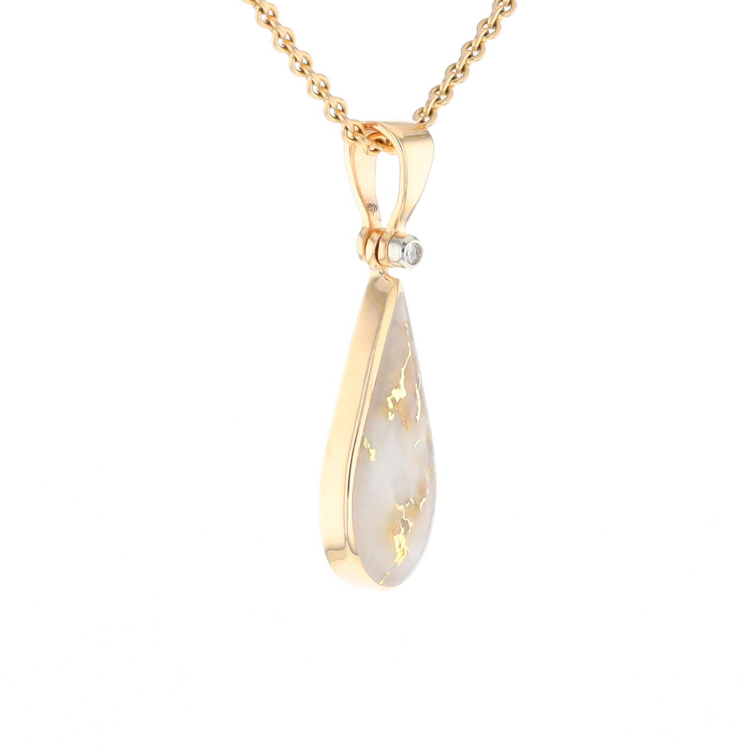 Gold Quartz Necklace Tear Drop Inlaid Pendant with .02ct Diamond