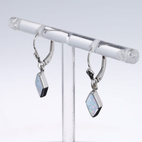 Opal Earrings Diamond Shape Inlaid Design Lever Backs