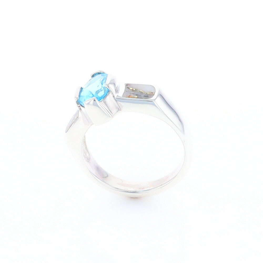 Sterling Silver Gold Quartz Inlaid Oval Blue Topaz Ring - G3