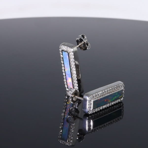 Opal Earrings Rectangle Inlaid with .50ctw Round Diamond Halo Studs