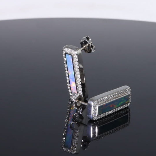 Opal Earrings Rectangle Inlaid with .50ctw Round Diamond Halo Studs