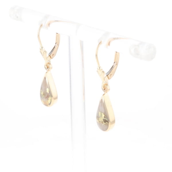Gold Quartz Earrings Tear Drop Inlaid Lever Backs - G3
