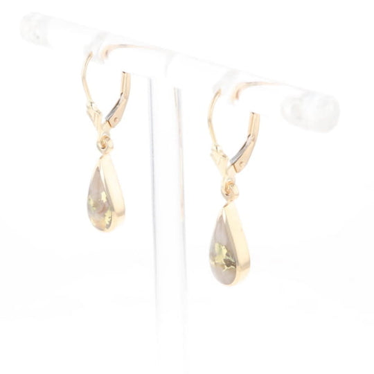 Gold Quartz Earrings Tear Drop Inlaid Lever Backs - G3