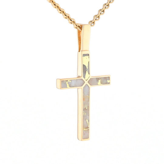 Gold Quartz Necklace 4 Section Inlaid Design Cross Pendant