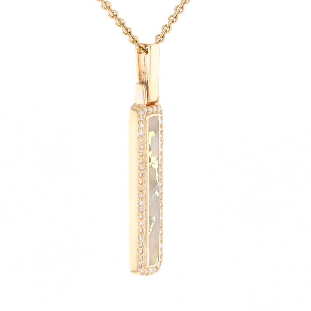 Gold Quartz Necklace, Rectangle Inlaid, .27ctw Diamond Halo Pendant