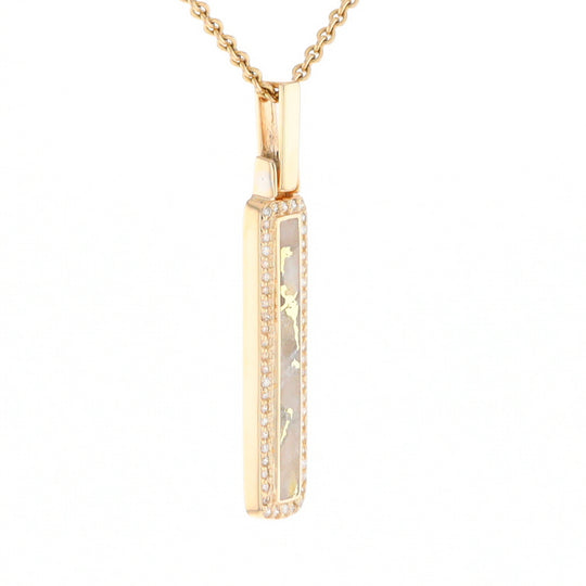 Gold Quartz Necklace, Rectangle Inlaid, .27ctw Diamond Halo Pendant