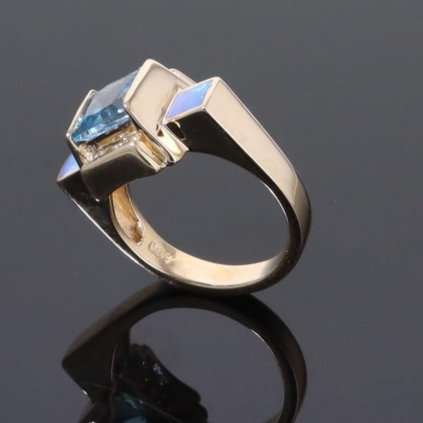 Opal Rings Inlaid Sides Swiss Blue Topaz Center with .24ctw Diamonds