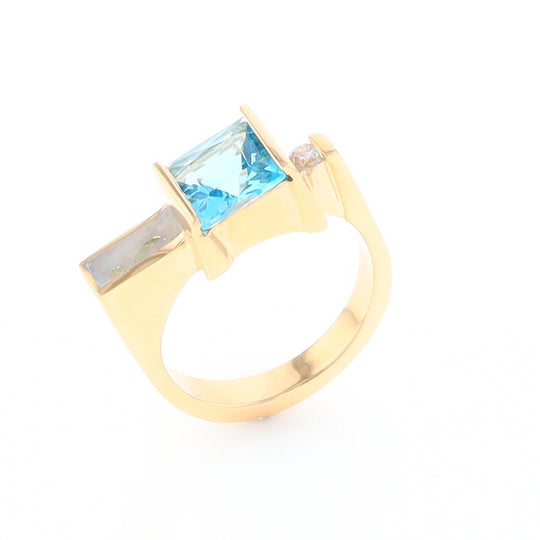 Gold Quartz Ring Rectangle Inlay Swiss Blue Topaz .06ct Round Diamond