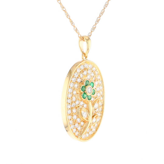 Emerald and Diamond Encrusted Oval Flower Pendant