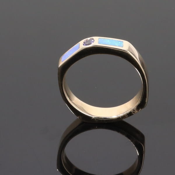 Opal Rings 2 Section Inlaid Design with Round Tanzanite